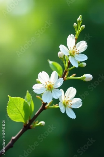 Unfurling branch with white flowers swaying gently, blossoms, fresh