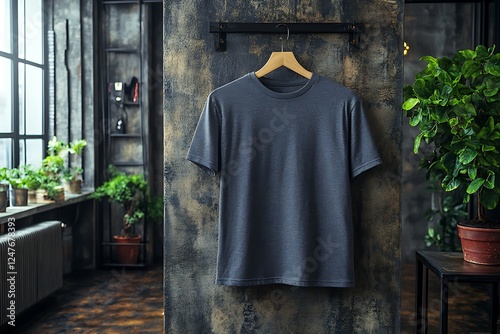 Gray T-Shirt Displayed on Wooden Hanger in Industrial Loft Style