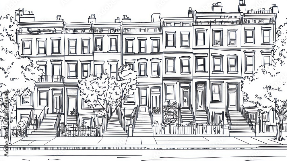 Obraz premium Row houses, city street, spring trees, neighborhood illustration, real estate