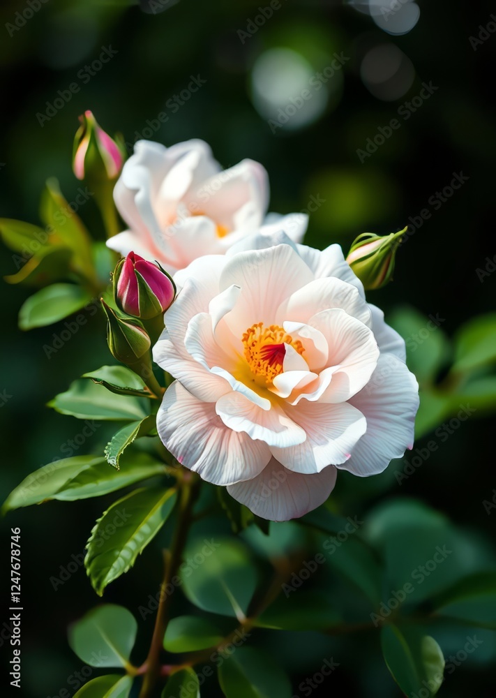 Beautiful fresh musk rose rosa moschata flowers in early summer bokeh green bokeh green abstract background light bright blur pattern Beautiful fresh musk rose rosa moschata flowers in early summer bokeh green bokeh green abstract background light bright blur pattern