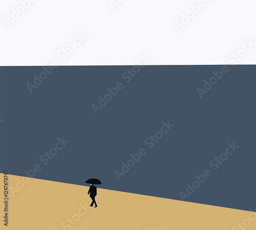 Businessman in black suit walking whit umbrella on city street. Rainfall and water puddle on sidewalk urban landscape