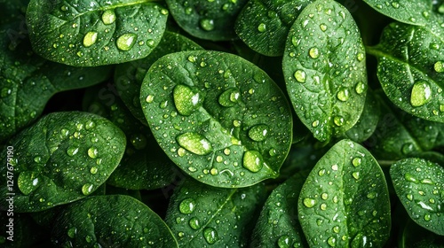 Dew-covered spinach leaves, close-up, garden background, healthy food photo