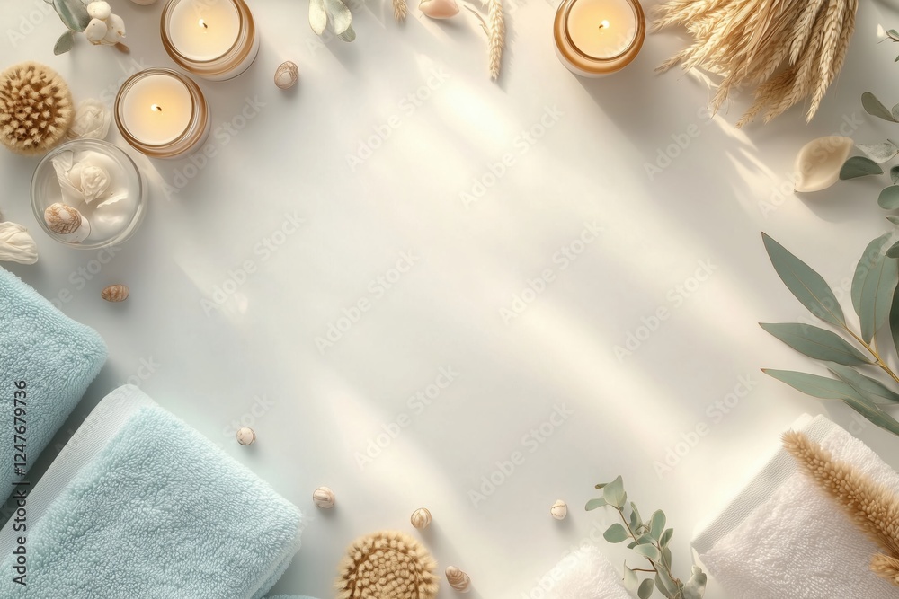 Obraz premium Conjunto de itens de spa com toalhas, velas e elementos decorativos em tons neutros, capturados com luz natural suave, criado com IA generativa.