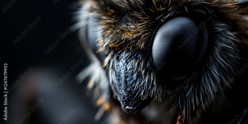 Close-Up Macro Photography Of A Bee With Detailed Fuzzy Hair And Glittering Eyes Against A Dark Background-Detailed Close-Up Macro Photograph of a Bee's Fuzzy Hair and Eyes Against a Dark
