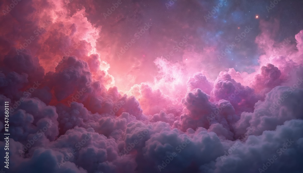 Fototapeta premium Pink, purple abstract clouds fill sky. Soft light illuminates dreamy space fantasy scene. Vibrant colourful display. Clouds fluffy, soft looking. Sense of wonder, mystery pervades image. Looks like