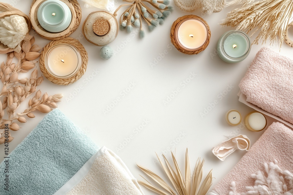 Conjunto de itens de spa com toalhas, velas e elementos decorativos em tons neutros, capturados com luz natural suave, criado com IA generativa. Conjunto de itens de spa com toalhas, velas e elementos decorativos em tons neutros, capturados com luz natural suave, criado com IA generativa.