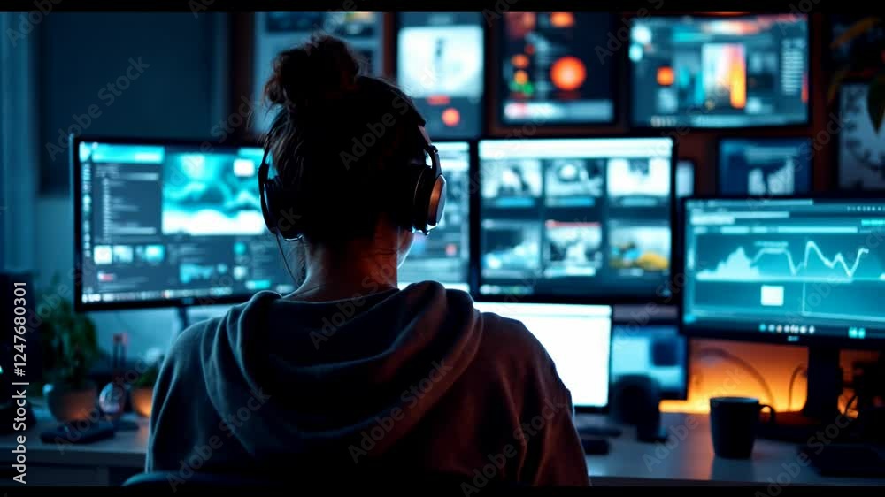 A young female programmer wearing headphones sits at a personal computer and watches a multitude of parameters on monitors. Crypto Exchange. Programming and databases. 
