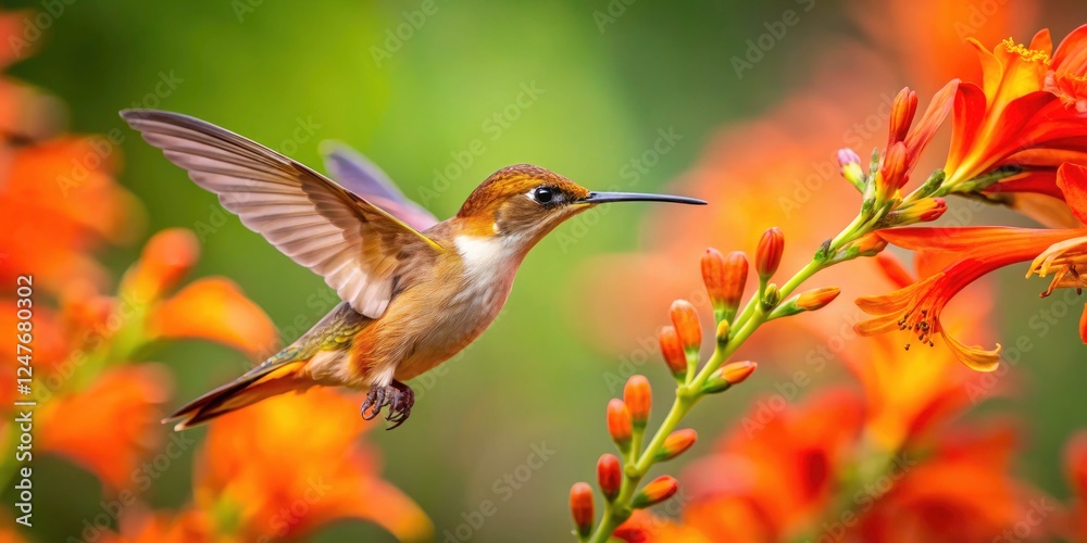 Fototapeta premium Stunning nature photography captures a rufous hummingbird's panoramic feeding frenzy on bright crocosmia blossoms.