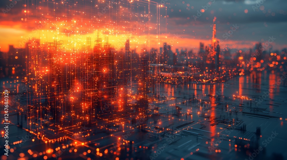 Fototapeta premium Futuristic city sunset, digital data streams, cityscape, technology