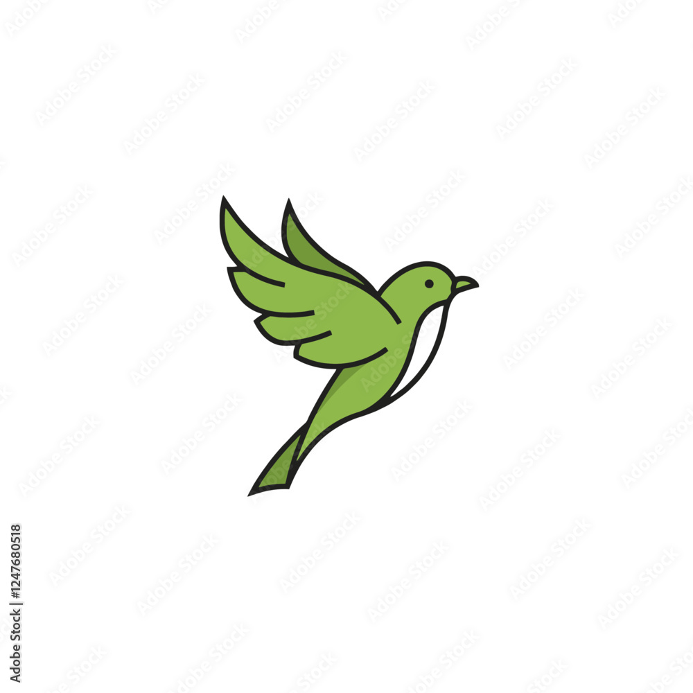 Fototapeta premium Minimalist Illustration of a Green Bird Flying in a White Background