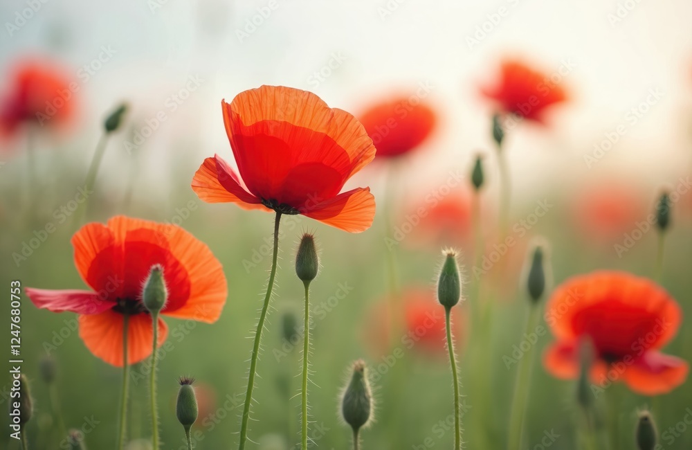 Fototapeta premium Red poppies stand tall in green field. Sunlight highlights vibrant red petals. Blossoming poppies create beautiful landscape scene. Wildflowers in meadow show summer season. Beautiful colors of