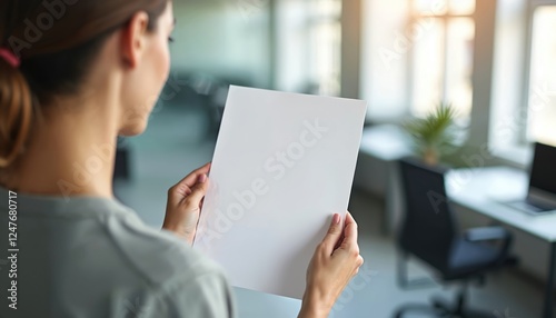 Woman in office holds blank sheet of paper. Appears focused, attentive. Modern minimalist office interior. Empty document template. Indoor setting. Businesswoman student likely. Casual clothing.