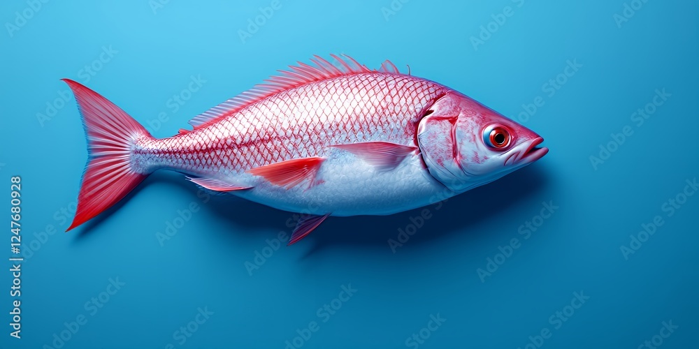 Fototapeta premium Colorful Fish Displayed Against a Light Blue Background. Excellent Fresh Seafood Presentation. High Quality Gourmet Fish. Healthy & Nutritious Meal. Fresh Catch. Delicious Fish. Vibrant Ocean Life