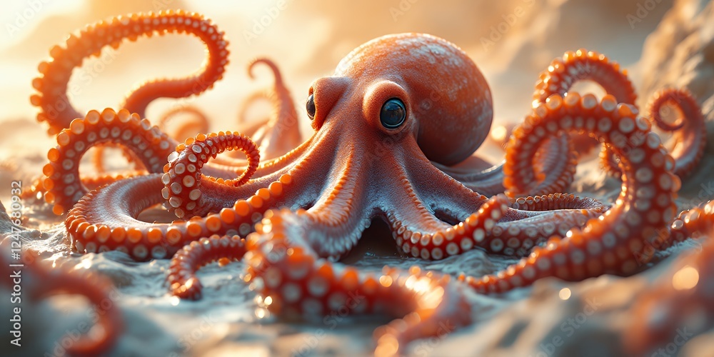 Obraz premium Colorful Cephalopod Emerging From Underwater Terrain With Sunlight In Coastal Scene Of Water Activity and Coastal Setting. Featuring Diverse Marine Life and Underwater Creatures. A Vibrant