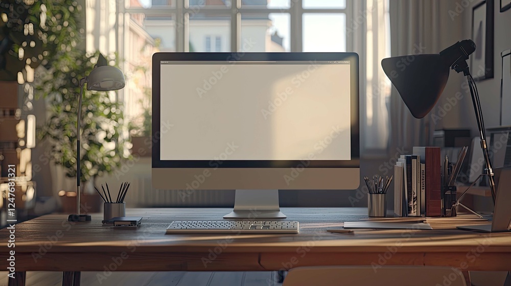 Modern Home Office Workspace: Sunlight Streaming Through Window, Clean Desk Setup, Computer, Books, and Stylish Decor Modern Home Office Workspace: Sunlight Streaming Through Window, Clean Desk Setup, Computer, Books, and Stylish Decor