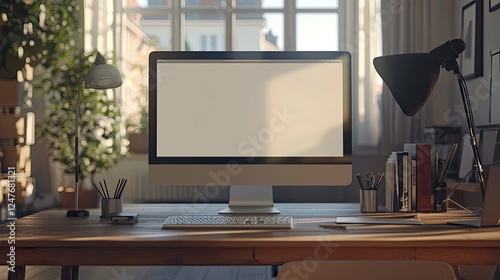 Wallpaper Mural Modern Home Office Workspace: Sunlight Streaming Through Window, Clean Desk Setup, Computer, Books, and Stylish Decor Torontodigital.ca