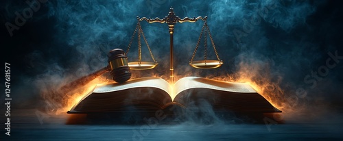 Justice Scales, Gavel, and Open Book in Dramatic Lighting