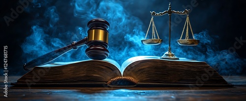 Justice Scales, Gavel, and Ancient Book in Dramatic Lighting