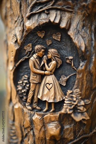 A couple carving their initials into a tree as a sign of eternal love