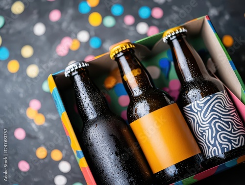 Gift box with three craft beer bottles and colorful confetti background. Alcoholic brewed beverage.