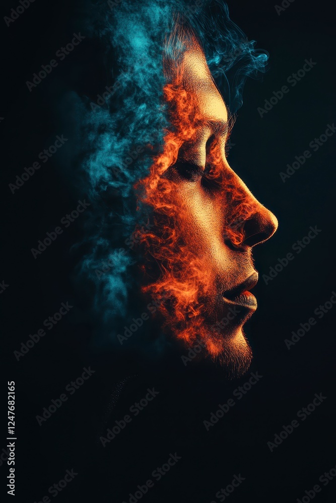 Abstract portrait of a person's profile, created using a pixelated effect and with vibrant orange and blue smoke like particles around the face Abstract portrait of a person's profile, created using a pixelated effect and with vibrant orange and blue smoke like particles around the face