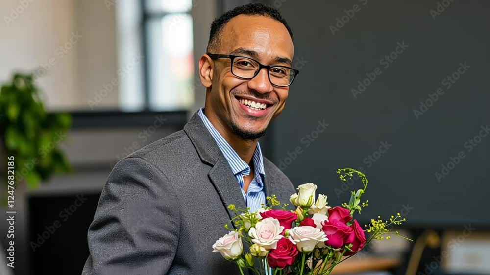 A smiling executive holding a bouquet of roses while standing A smiling executive holding a bouquet of roses while standing
