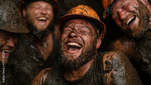 A group of cheerful miners laughing together while covered in mud, showcasing their camaraderie and joy amid a challenging yet rewarding work environment reminiscent of teamwork.