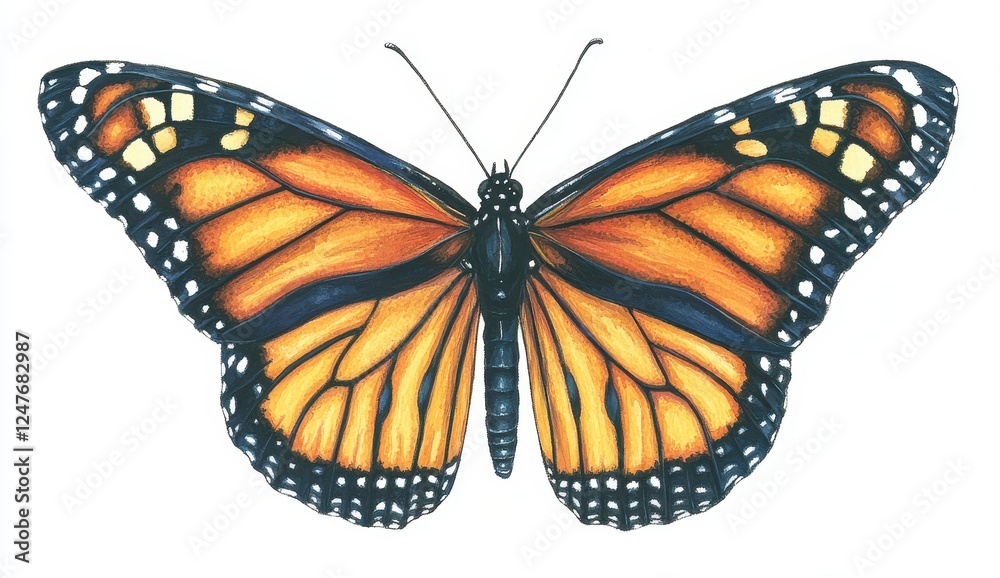 Fototapeta premium Close up view of an insect, showcasing its intricate orange and black patterned wings against a plain white background. The insect is in a static