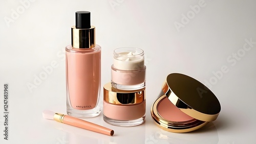 Elegant cosmetic products and refined beauty still-life on a stark white background photo