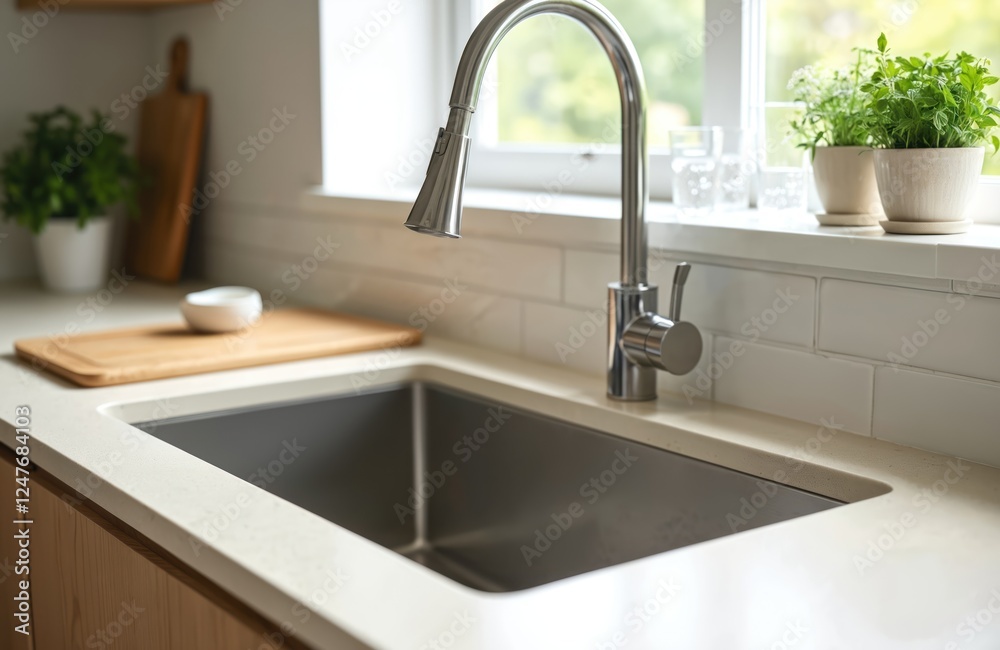 Close-up view of modern kitchen sink, faucet. Shiny stainless steel faucet installed over clean empty sink. Contemporary kitchen interior with light countertop. High-quality materials, design Close-up view of modern kitchen sink, faucet. Shiny stainless steel faucet installed over clean empty sink. Contemporary kitchen interior with light countertop. High-quality materials, design