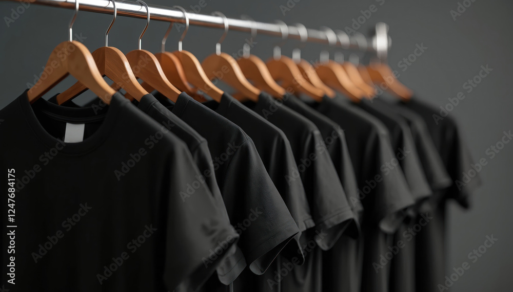 Obraz premium Many black t-shirts hang on wooden hangers in row. Clothes rack full of casual attire. Variety of black t-shirts. Fashionable apparel display in retail space. Shop store concept. Stylish clothing
