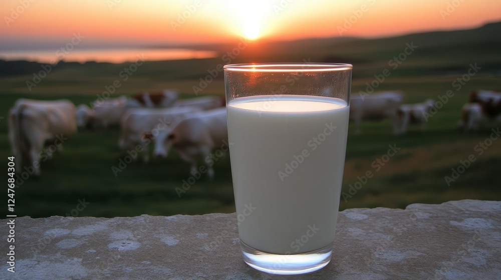 Glass of milk foreground, cows in a grassy field at sunrise background Glass of milk foreground, cows in a grassy field at sunrise background