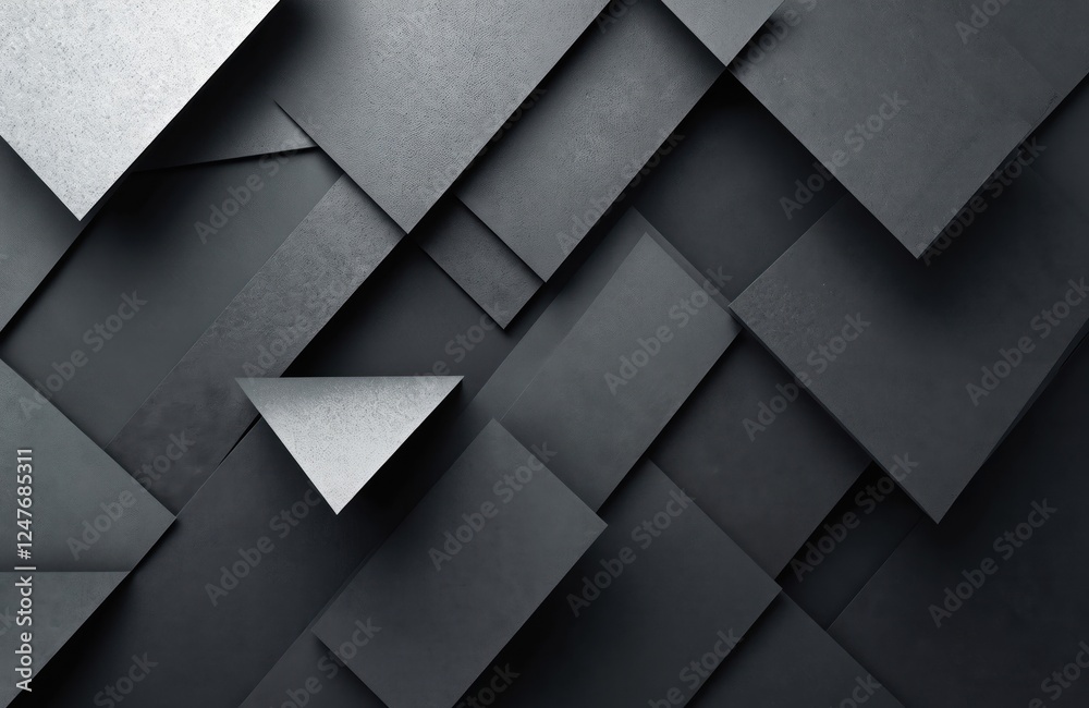 Abstract geometric design with gray and black textured shapes. Modern and elegant design. Suitable for contemporary branding or product design. Intricate pattern with triangles and squares.