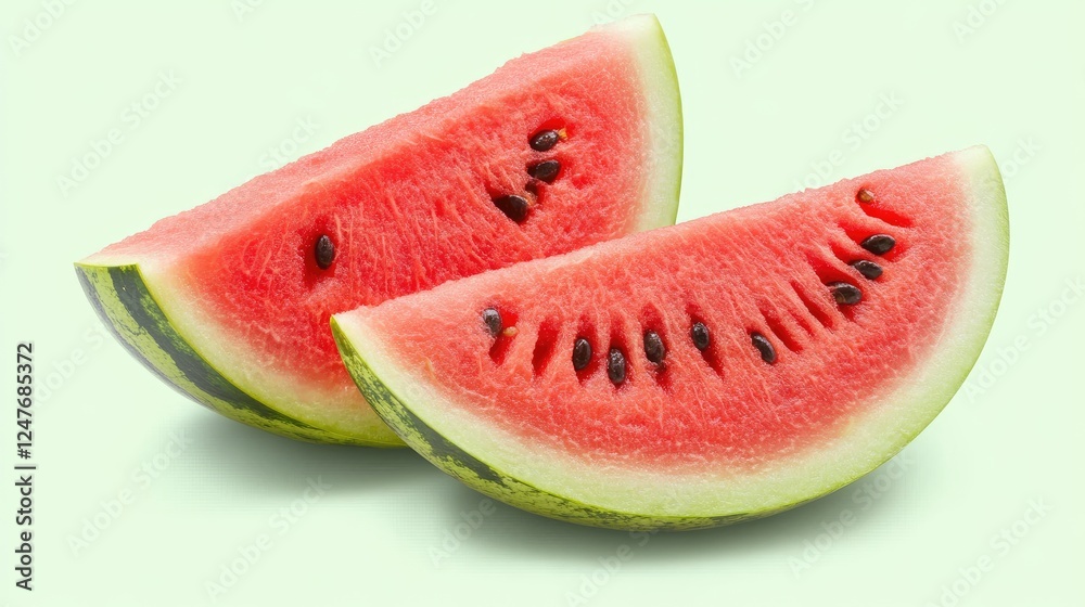 Two juicy watermelon slices, red flesh, black seeds, isolated on light green background. Two juicy watermelon slices, red flesh, black seeds, isolated on light green background.