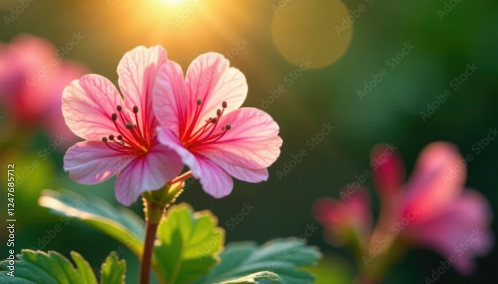 Fototapeta premium Delicate pink geranium petals unfolding in tropical sunlight, tropical garden, pelargonium, pink geranium