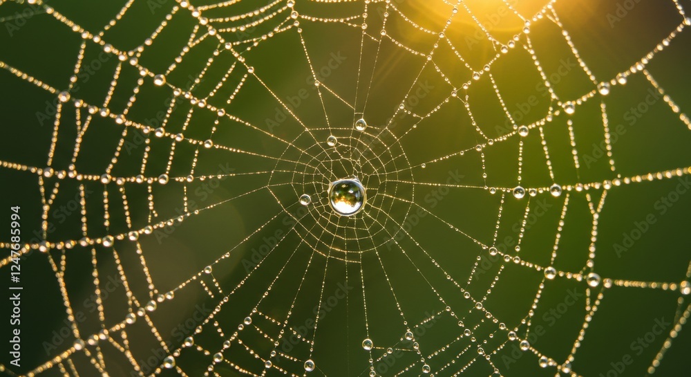 Fototapeta premium Dew-covered spider web with sunlight illumination in a natural setting