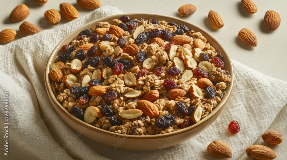 A vibrant bowl of granola topped with almonds and dried fruits on a textured surface. A vibrant bowl of granola topped with almonds and dried fruits on a textured surface.