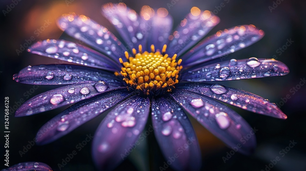 Obraz premium Dew-kissed purple flower close-up, garden background, nature photography