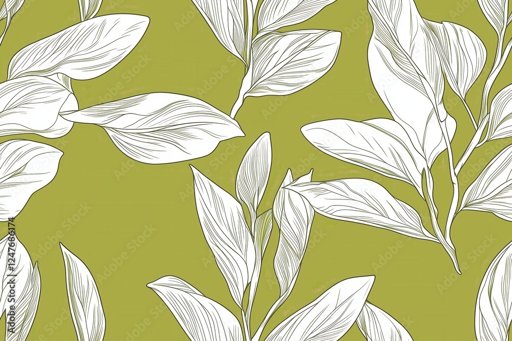 Fototapeta premium Padrão contínuo (seamless pattern) de folhas estilizadas em tons de verde com linhas delicadas em branco, criado com IA generativa.