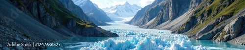 Glaciers carving through the rocky Caucasus mountain terrain, glaciers, geological, scenery photo