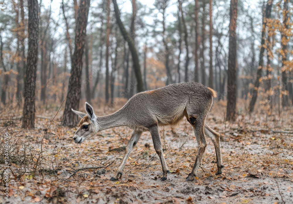 A spotted animal walks through a forest floor covered in fallen autumn leaves, on a gray overcast day A spotted animal walks through a forest floor covered in fallen autumn leaves, on a gray overcast day