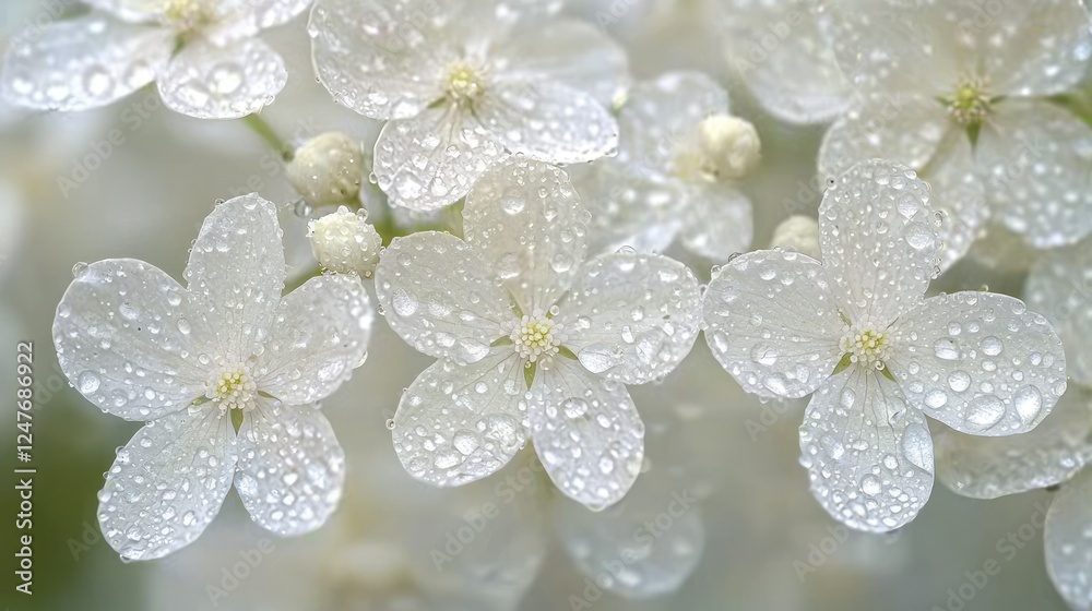 Dew-kissed white flowers, garden closeup, soft background, nature Dew-kissed white flowers, garden closeup, soft background, nature