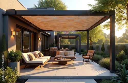 Modern outdoor patio area with trendy pergola shade structure, awning. Comfortable garden lounge chairs, metal grill surrounded by landscaping. Beautiful backyard design with white house exterior.
