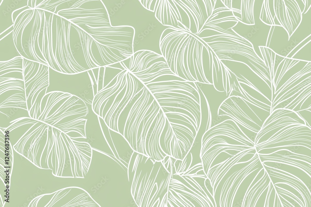 Fototapeta premium Padrão contínuo (seamless pattern) de folhas estilizadas em tons de verde com linhas delicadas em branco, criado com IA generativa.