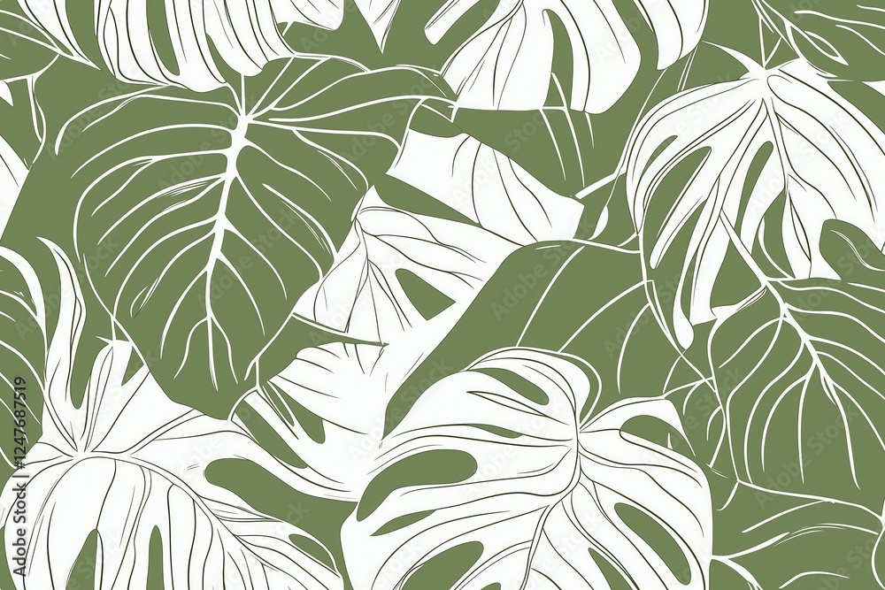Fototapeta premium Padrão contínuo (seamless pattern) de folhas estilizadas em tons de verde com linhas delicadas em branco, criado com IA generativa.