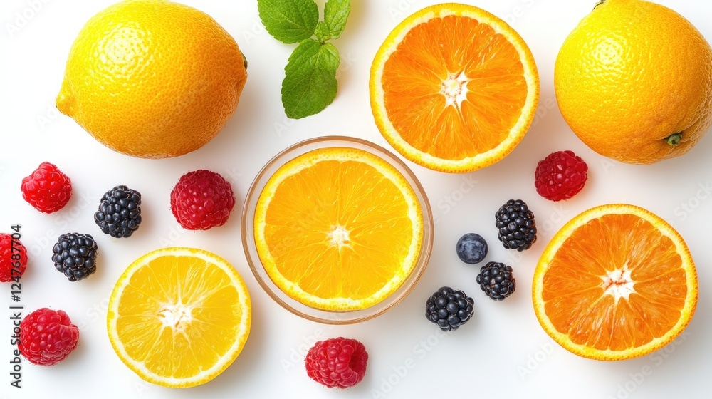 Flat lay of fresh oranges, raspberries, blackberries, and blueberries on white background. Flat lay of fresh oranges, raspberries, blackberries, and blueberries on white background.
