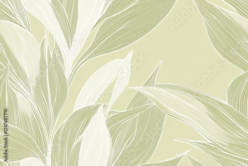 Padrão contínuo (seamless pattern) de folhas estilizadas em tons de verde com linhas delicadas em branco, criado com IA generativa.