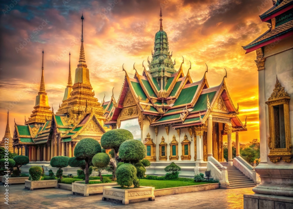 Fototapeta premium Vintage photos reveal the splendor of Bangkok's Emerald Buddha Temple and Grand Palace.