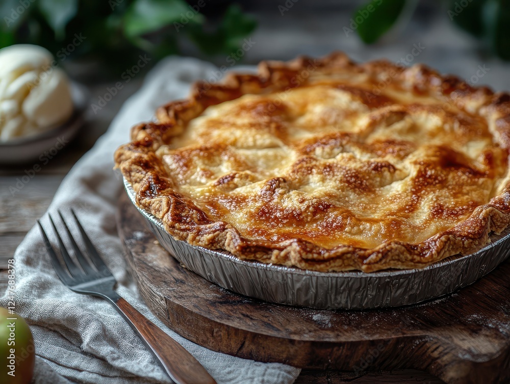 Freshly Baked Apple Pie with Golden Crust on Wooden Cutting Board Surrounded by Apples and Ice Cream in a Rustic Setting Freshly Baked Apple Pie with Golden Crust on Wooden Cutting Board Surrounded by Apples and Ice Cream in a Rustic Setting