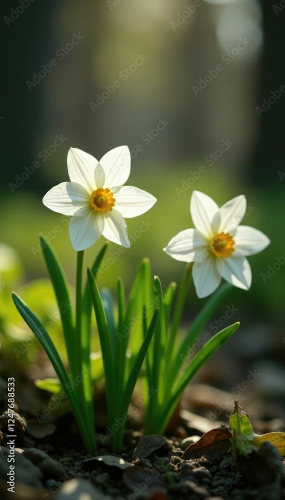 Narcissus tazetta flowers blooming in the undergrowth, white, woodlands, spring Narcissus tazetta flowers blooming in the undergrowth, white, woodlands, spring